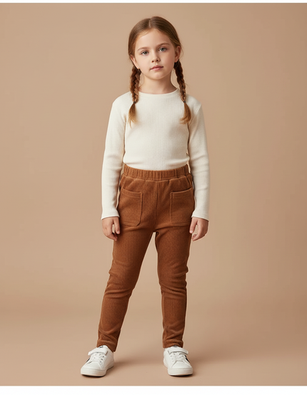 Pantalon Marron Côtelé Ajusté Poches Enfant - Cordé