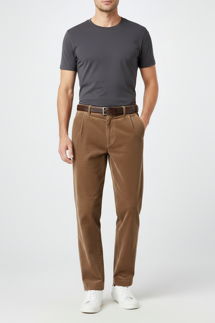 Pantalon Marron Côtelé Droit Plissé Décontracté Homme - Cordé