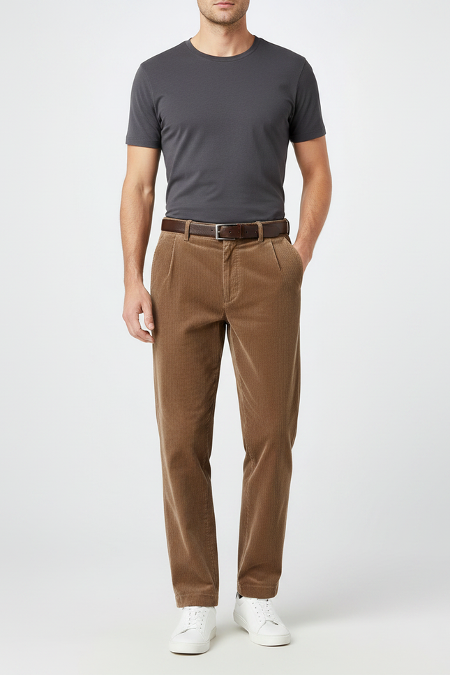 Pantalon Marron Côtelé Droit Plissé Décontracté Homme - Cordé