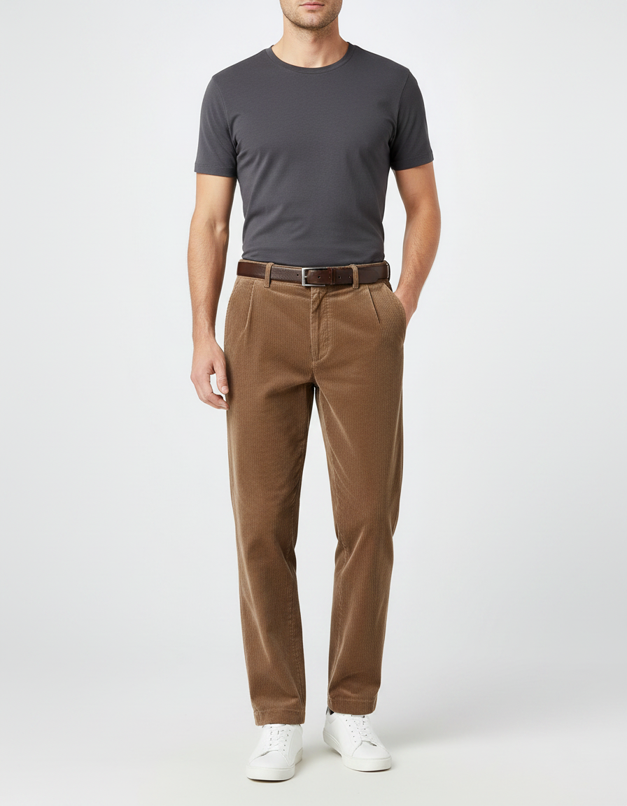 Pantalon Marron Côtelé Droit Plissé Décontracté Homme - Cordé