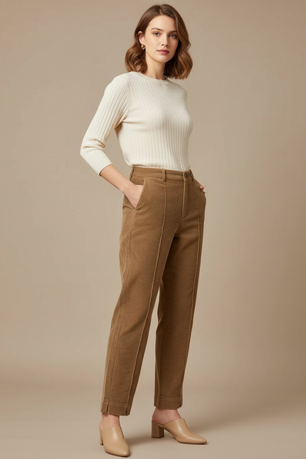 Pantalon Marron Côtelé Droit Taille Haute Femme - Cordé