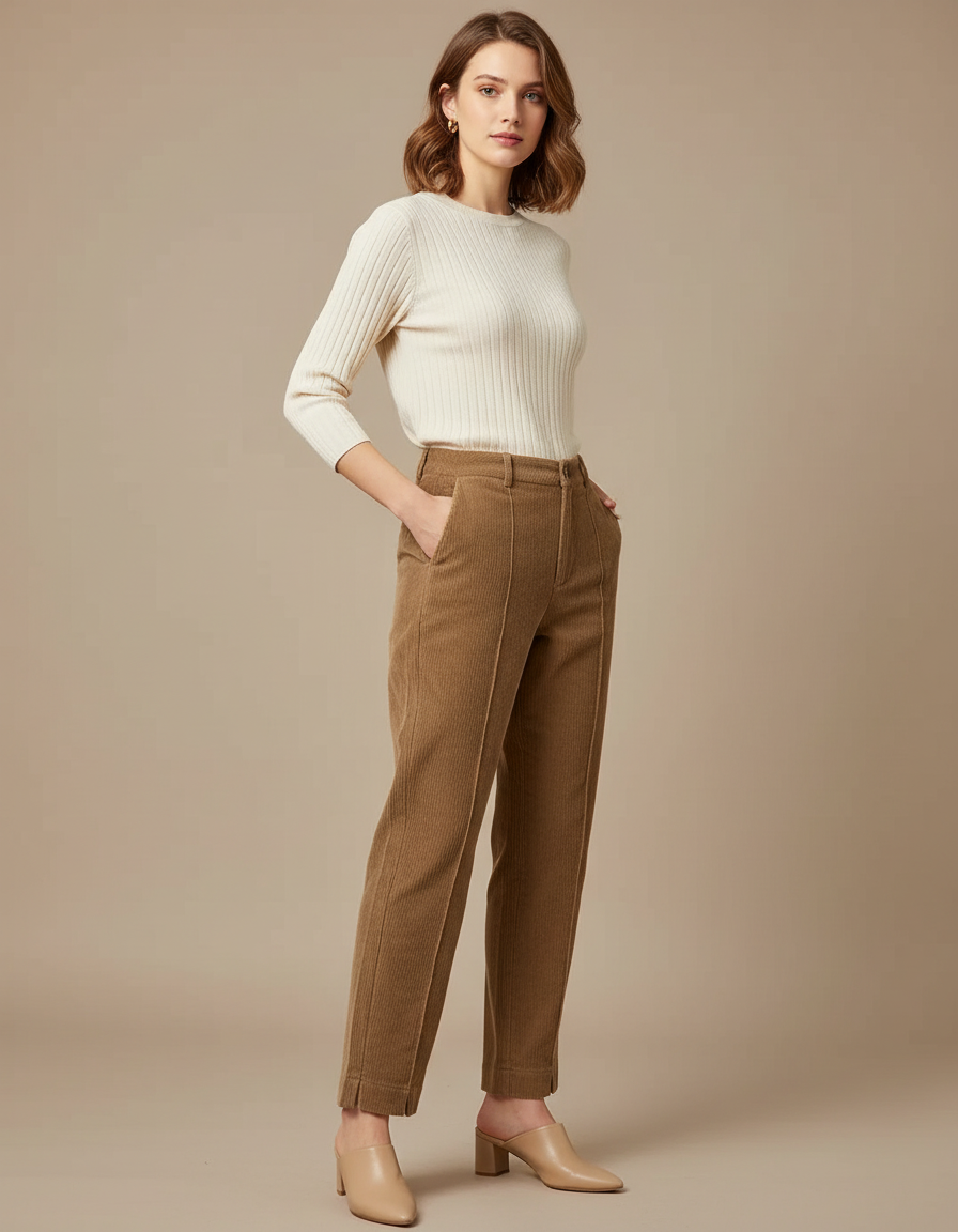 Pantalon Marron Côtelé Droit Taille Haute Femme - Cordé