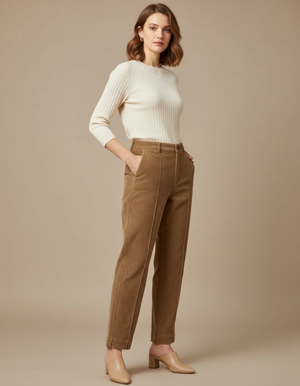 Pantalon Marron Côtelé Droit Taille Haute Femme - Cordé