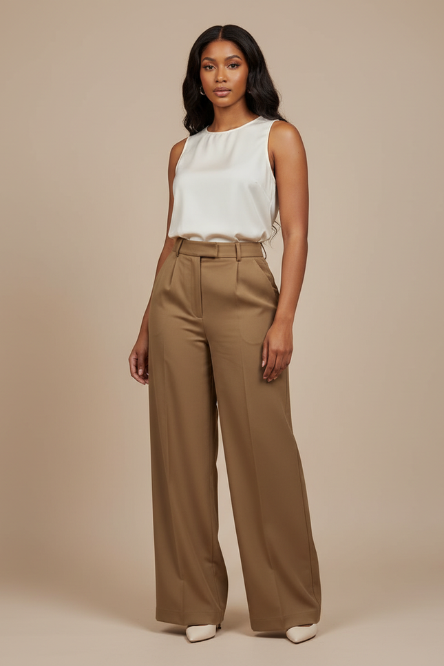 Pantalon Marron Ample Taille Haute Élégant Femme - Gabardine