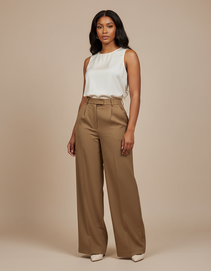 Pantalon Marron Ample Taille Haute Élégant Femme - Gabardine