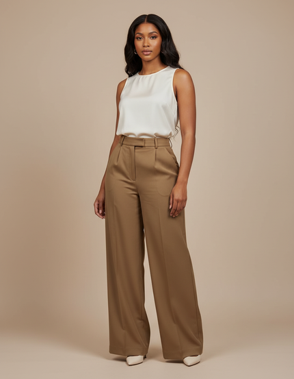 Pantalon Marron Ample Taille Haute Élégant Femme - Gabardine