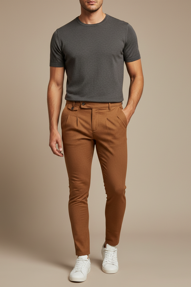 Pantalon Marron Homme Slim Fit Plissé Élégant - Laine