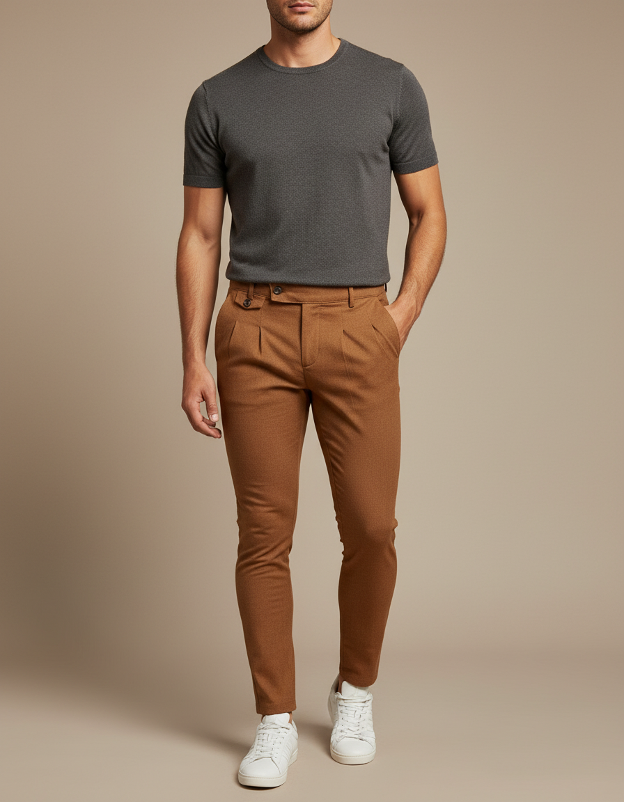 Pantalon Marron Homme Slim Fit Plissé Élégant - Laine