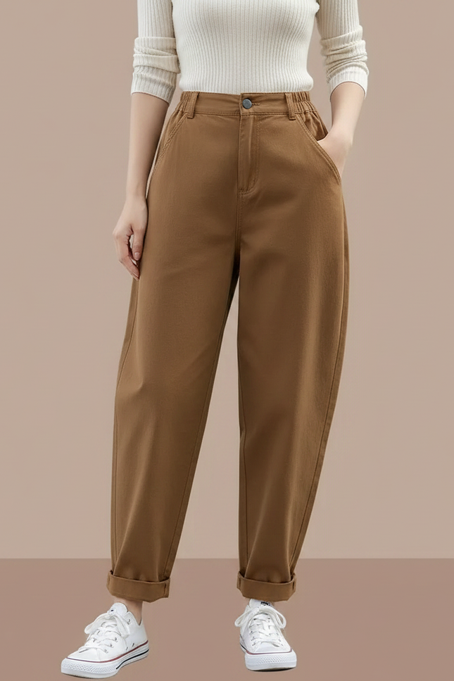 Pantalon Marron Ample Coton Décontracté Femme Harem