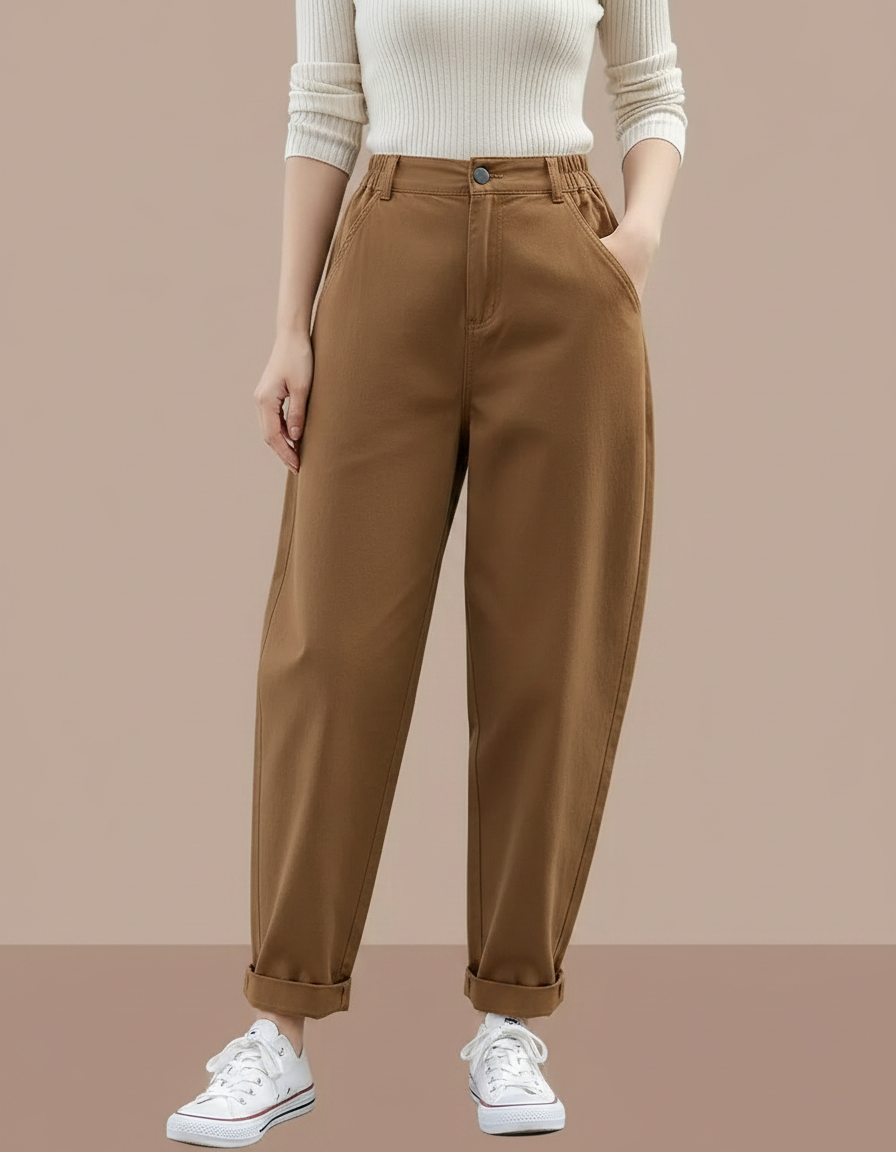 Pantalon Marron Ample Coton Décontracté Femme Harem