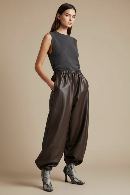 Pantalon Marron Cuir PU Ample Cheville Élastique Rétro - Simili cuir