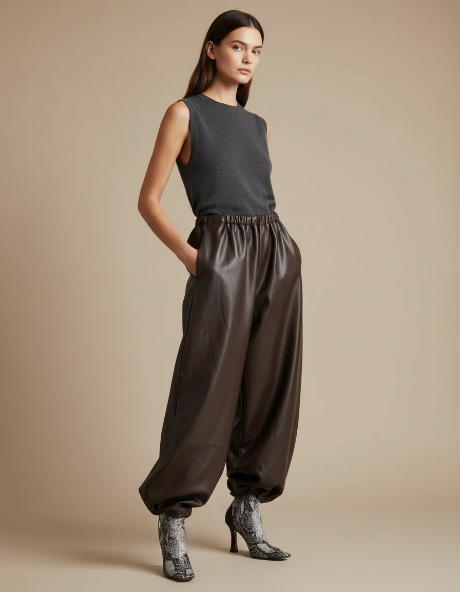 Pantalon Marron Cuir PU Ample Cheville Élastique Rétro - Simili cuir