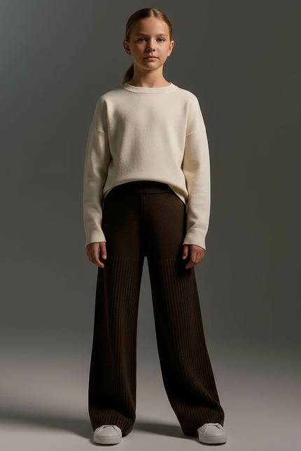 Pantalon Marron Côtelé Ample Tricoté Enfant Confortable - Maille