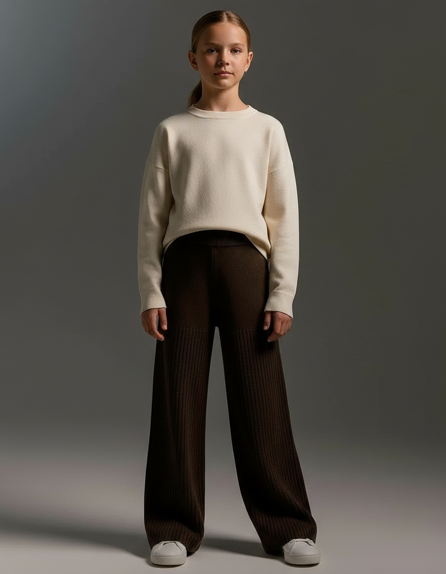 Pantalon Marron Côtelé Ample Tricoté Enfant Confortable - Maille
