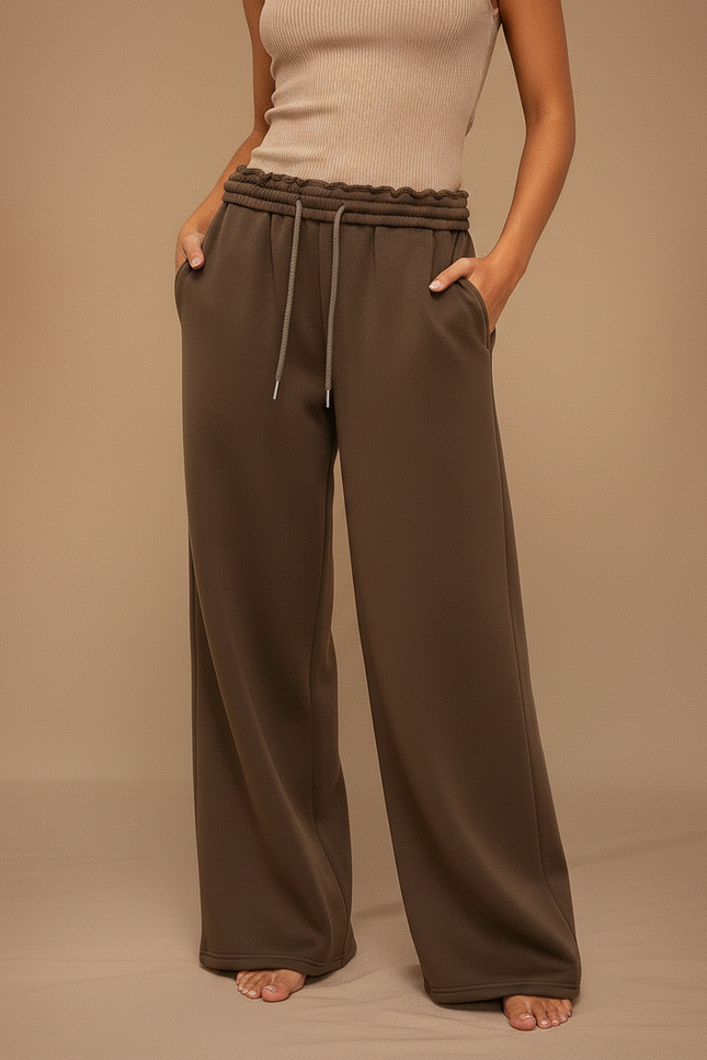 Pantalon Marron Ample Fluide Taille Élastique Décontracté - Molleton