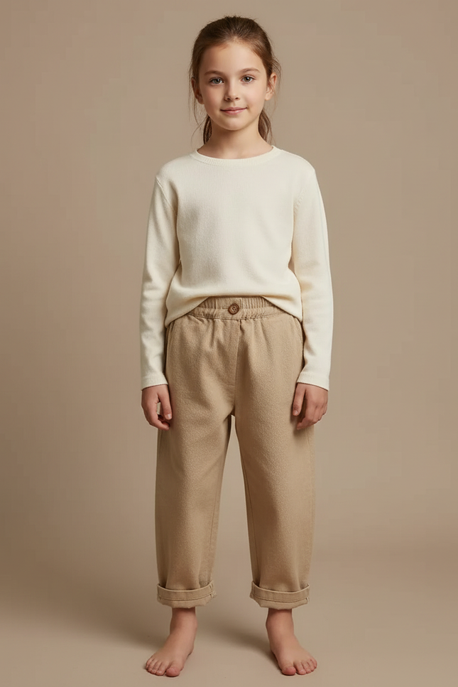 Pantalon Marron Ample Décontracté Enfant Coton Élastiqué - Beige Molleton