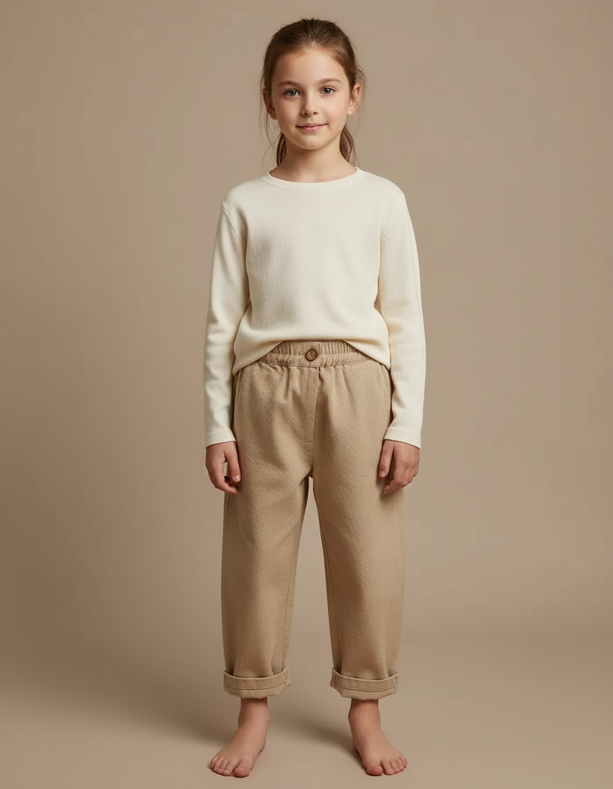 Pantalon Marron Ample Décontracté Enfant Coton Élastiqué - Beige Molleton