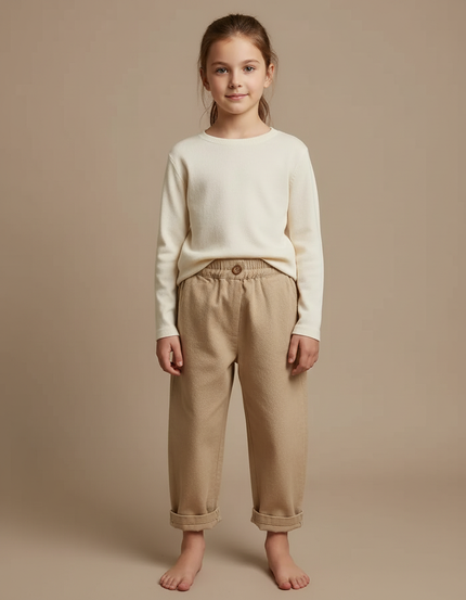 Pantalon Marron Ample Décontracté Enfant Coton Élastiqué - Beige Molleton