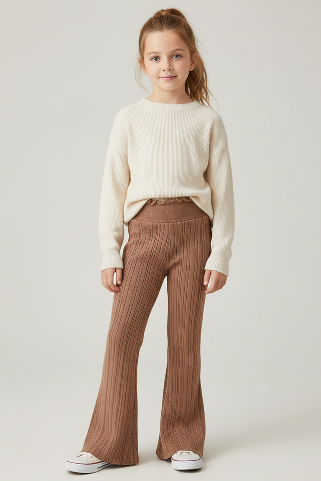 Pantalon Marron Côtelé Tricoté Évasé Enfant Confortable - Maille