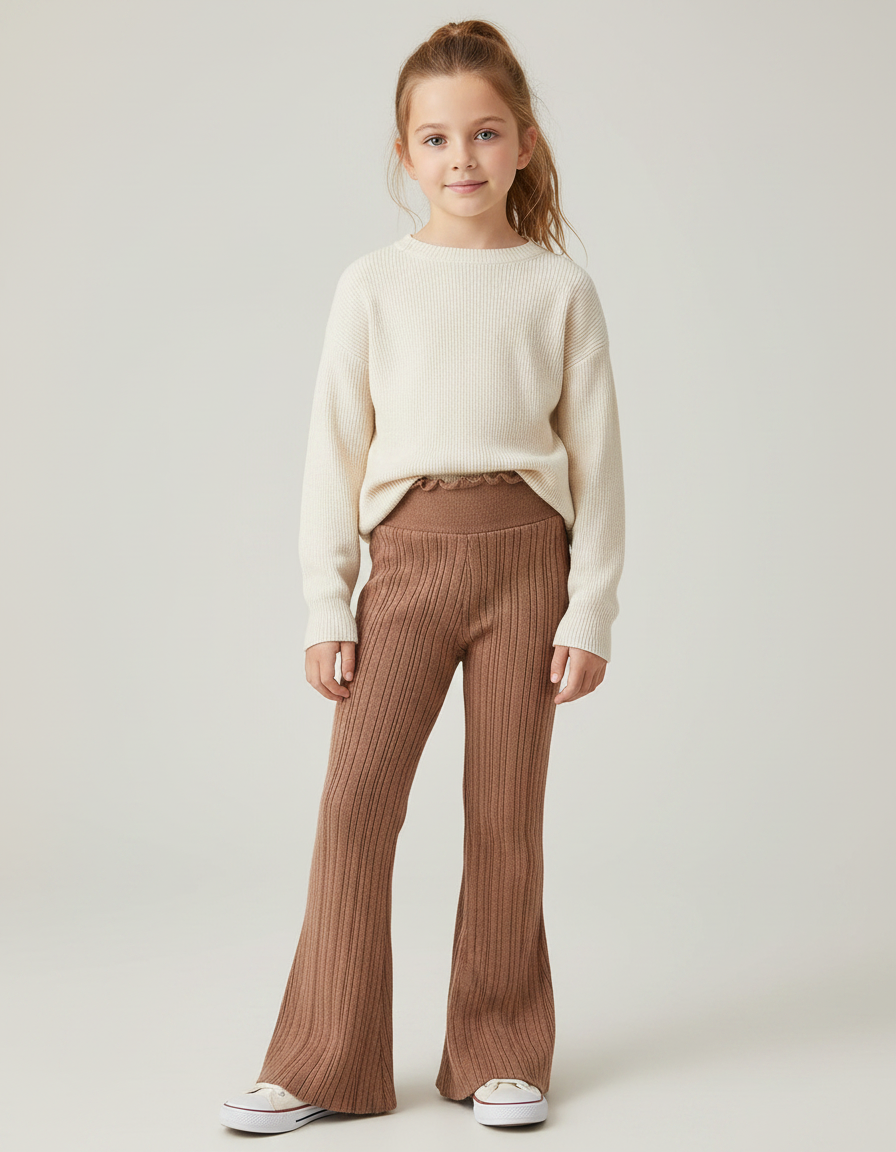 Pantalon Marron Côtelé Tricoté Évasé Enfant Confortable - Maille