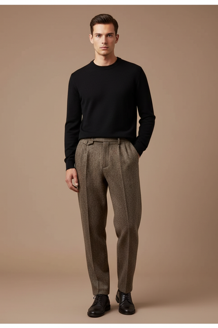Pantalon Marron Laine Droit Plissé Homme Classique - Tweed