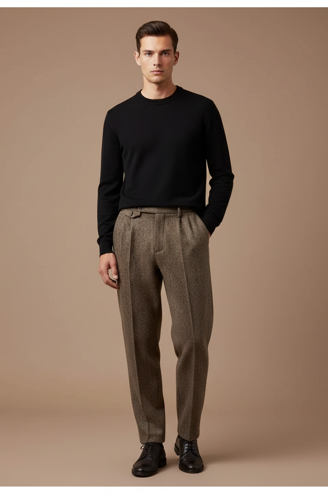 Pantalon Marron Laine Droit Plissé Homme Classique - Tweed