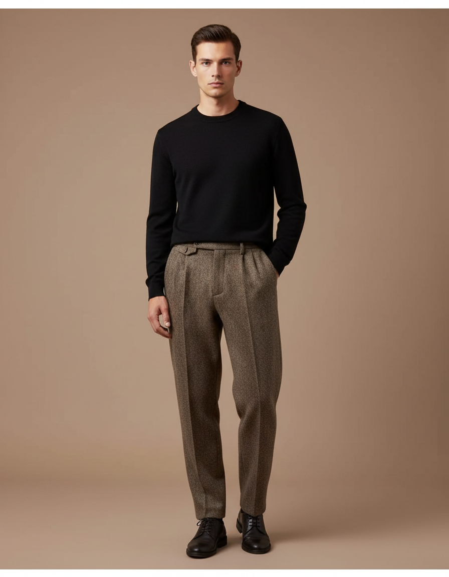Pantalon Marron Laine Droit Plissé Homme Classique - Tweed