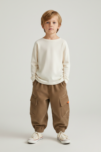 Pantalon Marron Côtelé Ample Cargo Élastiqué Enfant - Cordé