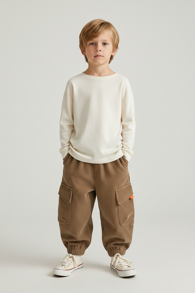 Pantalon Marron Côtelé Ample Cargo Élastiqué Enfant - Cordé