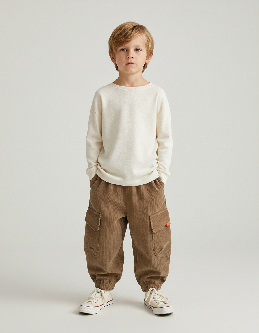 Pantalon Marron Côtelé Ample Cargo Élastiqué Enfant - Cordé