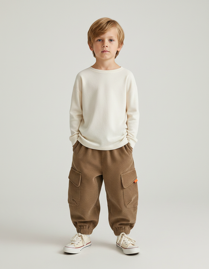 Pantalon Marron Côtelé Ample Cargo Élastiqué Enfant - Cordé