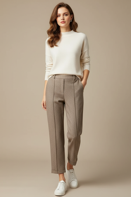 Pantalon Marron Laine Droit Motif Texturé Décontracté Élégant