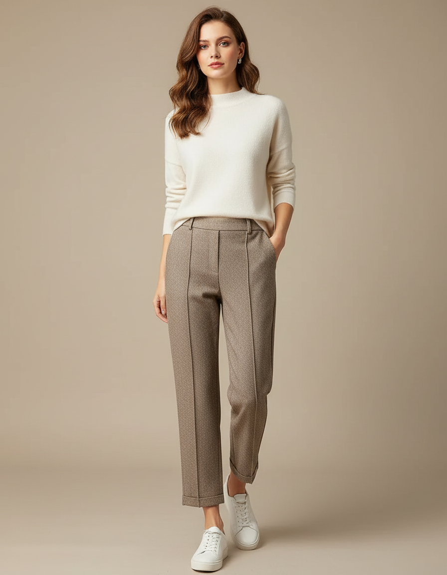 Pantalon Marron Laine Droit Motif Texturé Décontracté Élégant