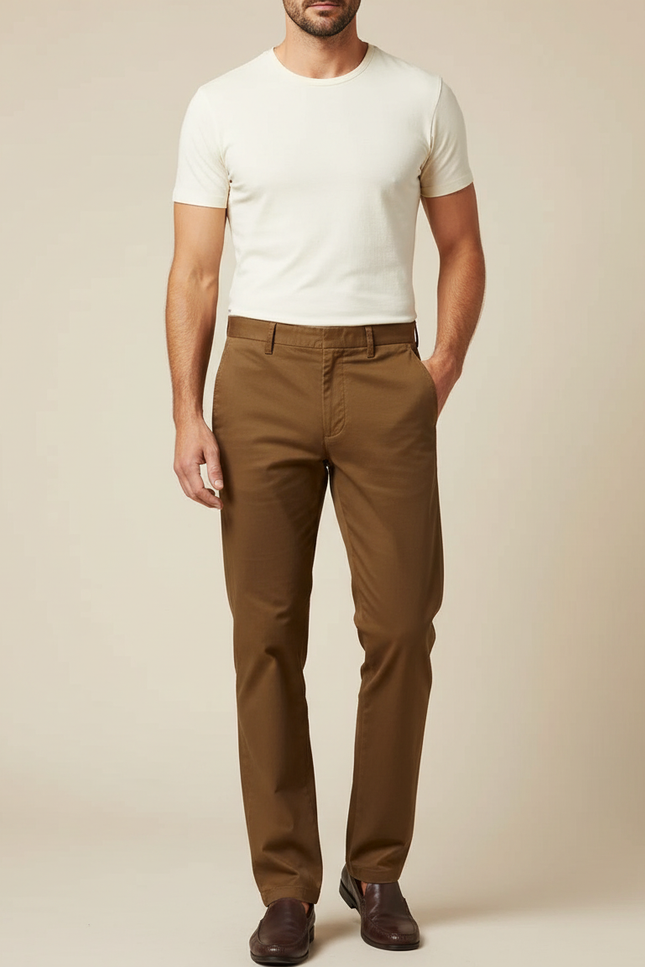 Pantalon Marron Coton Droit Décontracté Élégant Homme