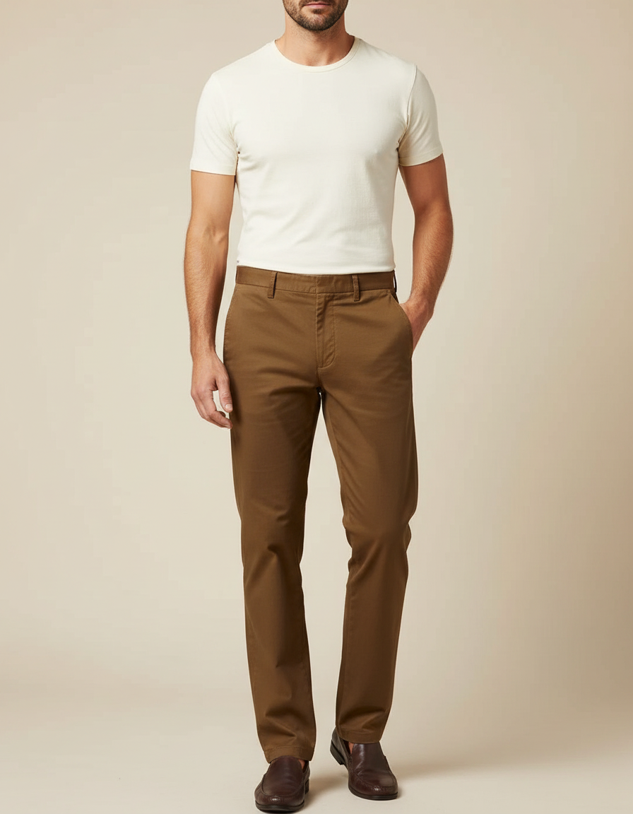 Pantalon Marron Coton Droit Décontracté Élégant Homme