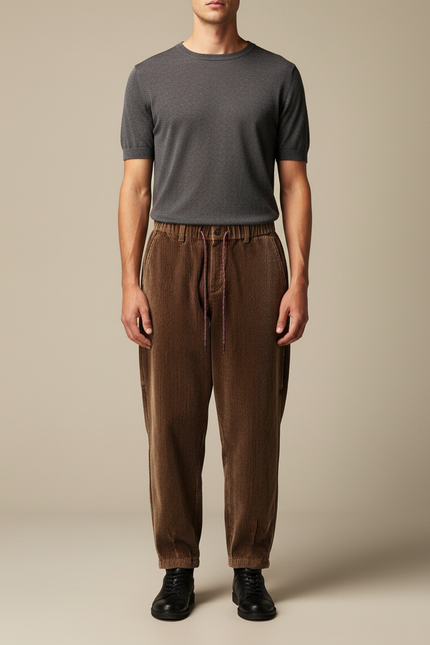 Pantalon Marron Côtelé Ample Décontracté Cordon - Cordé