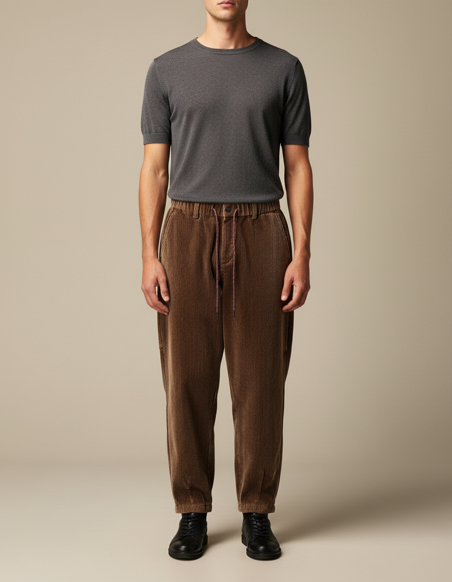 Pantalon Marron Côtelé Ample Décontracté Cordon - Cordé