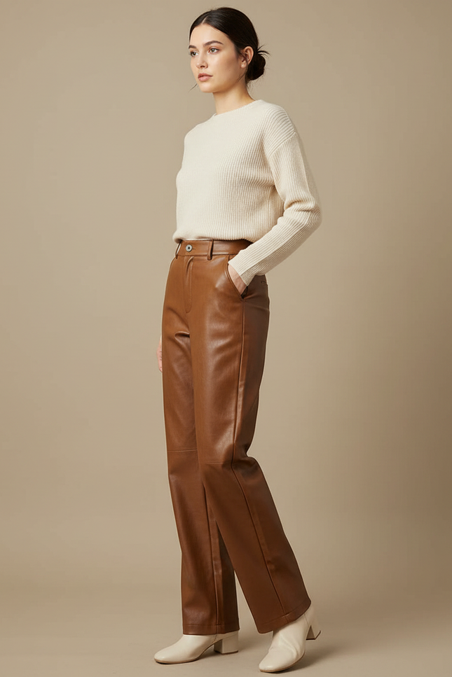 Pantalon Marron Cuir Simili Ample Décontracté Femme - Simili cuir
