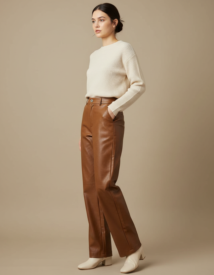 Pantalon Marron Cuir Simili Ample Décontracté Femme - Simili cuir