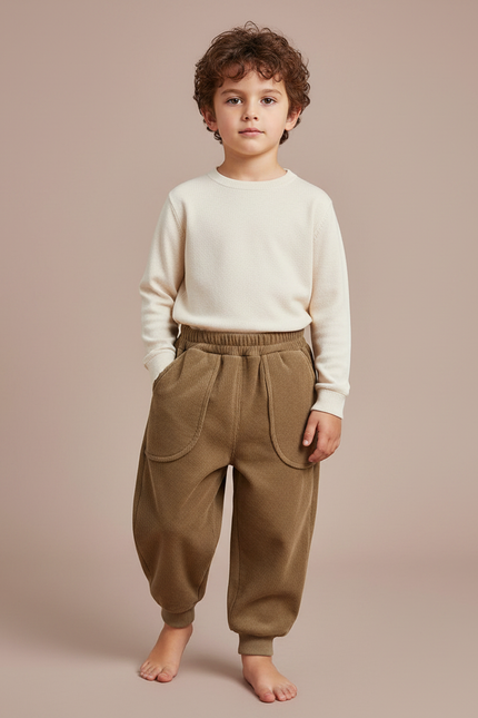 Pantalon Marron Côtelé Élastiqué Ample Enfants - Kaki Cordé
