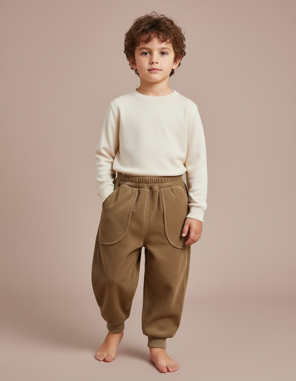 Pantalon Marron Côtelé Élastiqué Ample Enfants - Kaki Cordé