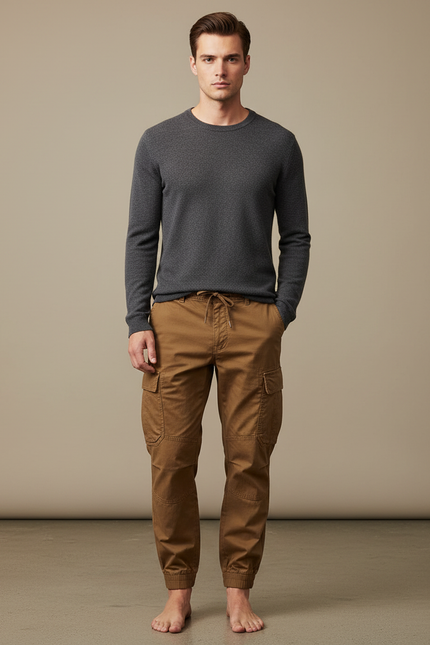 Pantalon Marron Cargo Coton Jogger Décontracté Homme - Toile