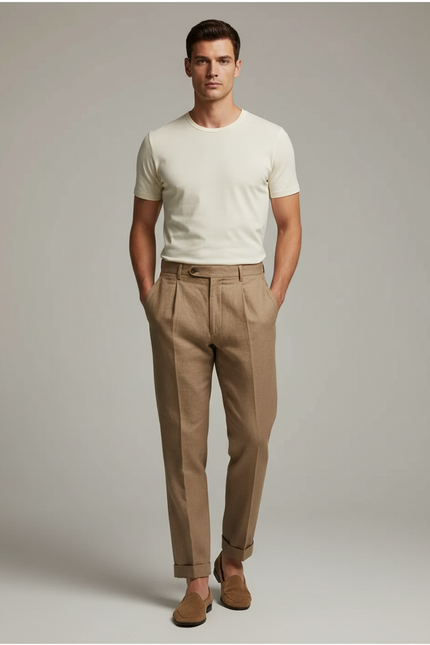 Pantalon Marron Plissé Droit Léger Décontracté Homme - Lin