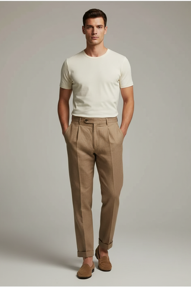 Pantalon Marron Plissé Droit Léger Décontracté Homme - Lin