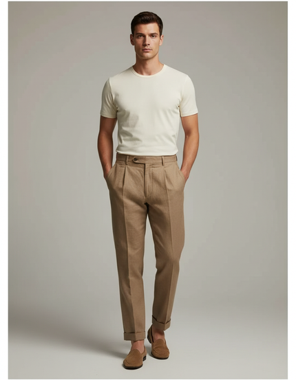 Pantalon Marron Plissé Droit Léger Décontracté Homme - Lin