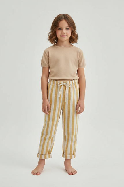 Pantalon Marron Rayé Ample Décontracté Coton Lin