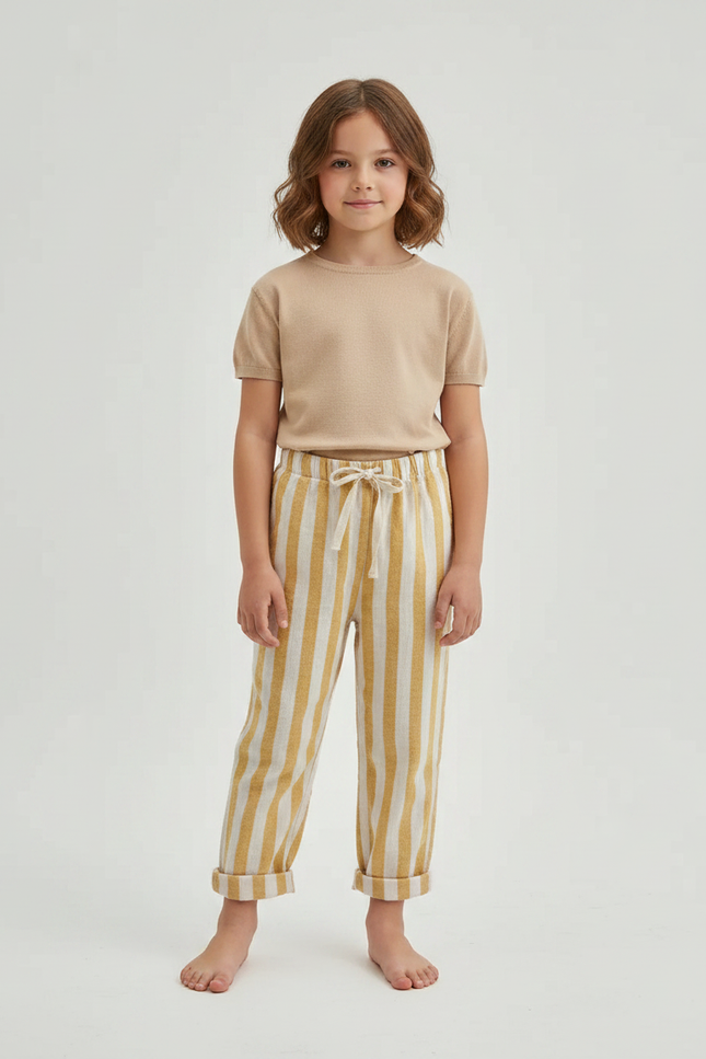 Pantalon Marron Rayé Ample Décontracté Coton Lin