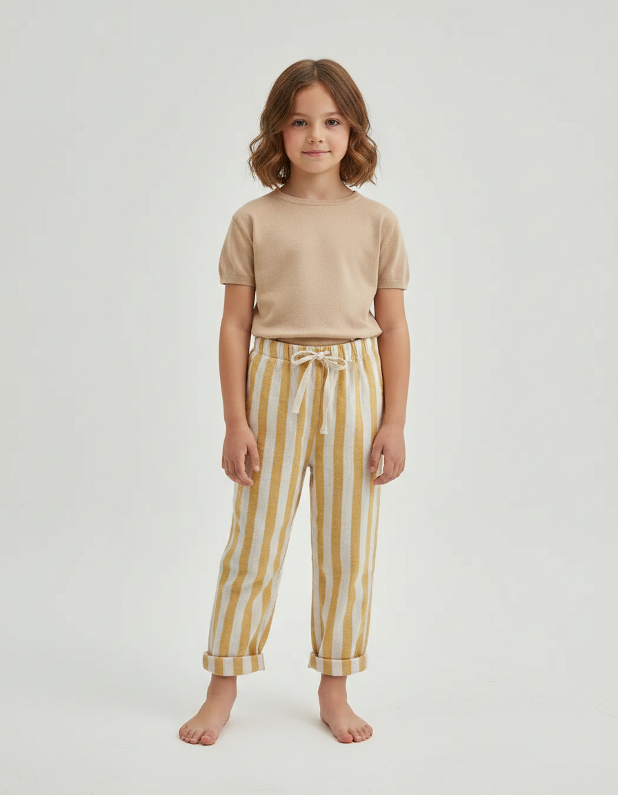 Pantalon Marron Rayé Ample Décontracté Coton Lin