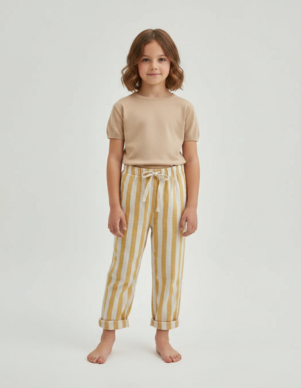 Pantalon Marron Rayé Ample Décontracté Coton Lin