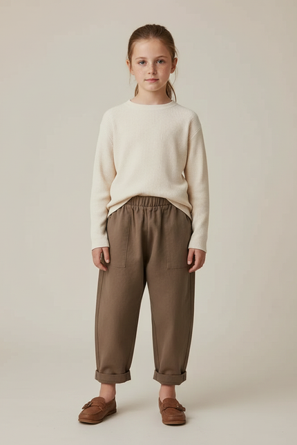 Pantalon Marron Coton Ample Élastique Enfant Décontracté - Molleton
